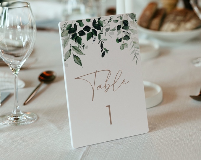 Greenery Table Number Card Template, Modern Garden Wedding Table Number, Editable, Instant Download, Templett, 4x6, 5x7 #033-225TC