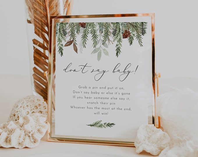 Don't Say Baby Clothespin Game, Winter Pine Baby Shower Sign, 100% Editable Template, Printable, Instant Download, Templett  #0017-368BASG