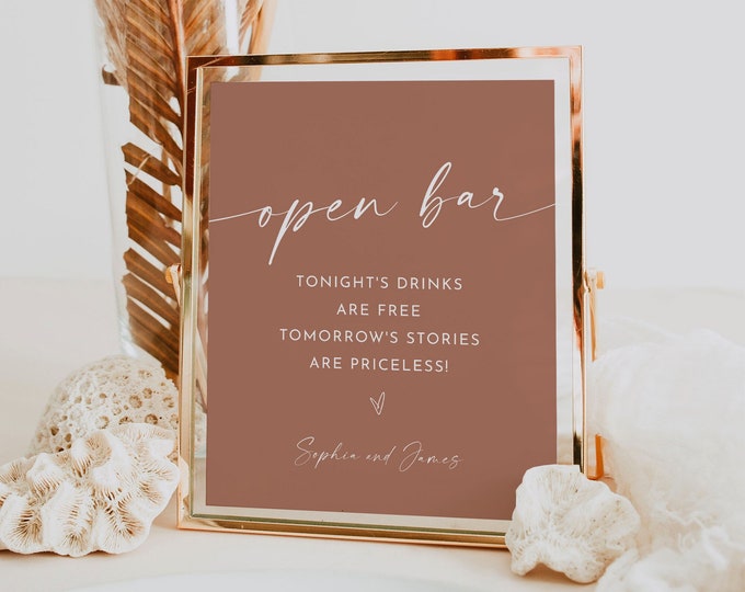 Open Bar Sign Template, Bohemian Wedding Bar Sign, Terracotta, Editable, Instant Download, Alcohol, Drinks, Templett, 8x10 #0034T-20S