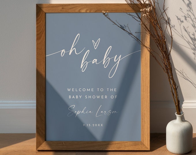 Baby Shower Welcome Sign, Baby Boy Shower Poster, Oh Baby, Blue, Editable Template, Instant Download, Templett, 18x24, 24x36 #0034PB-330LS