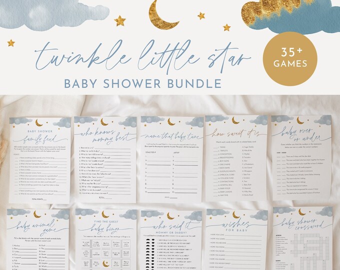 Twinkle Little Star Baby Shower Bundle, 38 Games, Editable, Baby Boy Blue, Advice, Trivia, Diaper Raffle, Mad Libs, Crossword #0036-BBGB