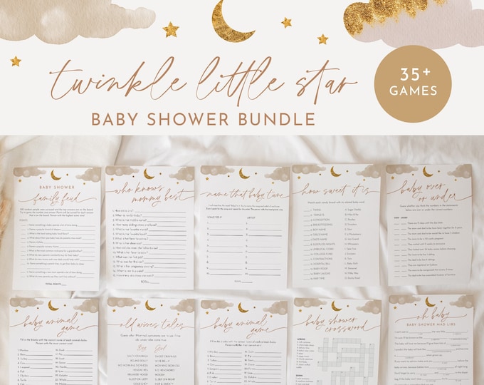 Twinkle Little Star Baby Shower Bundle, 38 Games, Editable, Gender Neutral, Advice, Trivia, Diaper Raffle, Mad Libs, Crossword #0036-BBGB