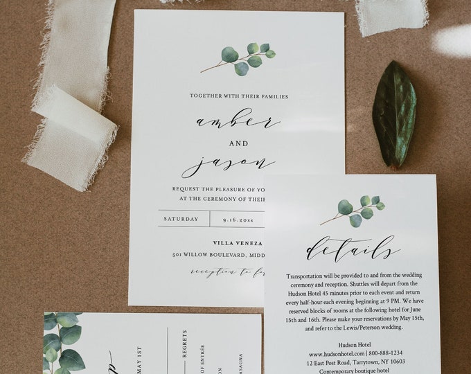 Eucalyptus Wedding Invitation Set, Greenery, Printable Invite, RSVP, Details, Instant Download, 100% Editable Template, DIY, Templett #036A