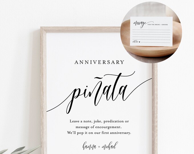 Anniversary Piñata Sign and Advice Card, Wedding Guestbook Alternative, Wedding Pinata Sign, Editable Template, Instant Download  #008-37S