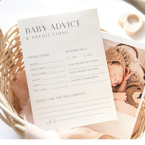 Prédictions de bébé et carte de conseils, jeu de baby shower minimaliste imprimable, modifiable, conseils de bébé bricolage, téléchargement immédiat, Templett #0026B-321BASG