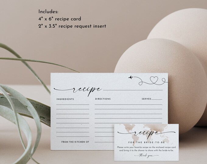 World Map Recipe Card and Recipe Request Insert, Printable Travel Bridal Shower Recipe Insert, Editable Template, Templett #0039-144RC