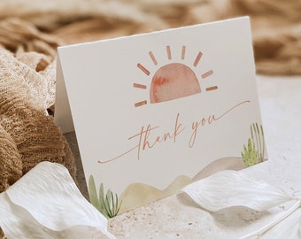 Sun Thank You Card Template, Printable Boho Desert Bridal / Baby Shower, Folded Note Card, Instant Download, Editable, Templett #0053-232TYC