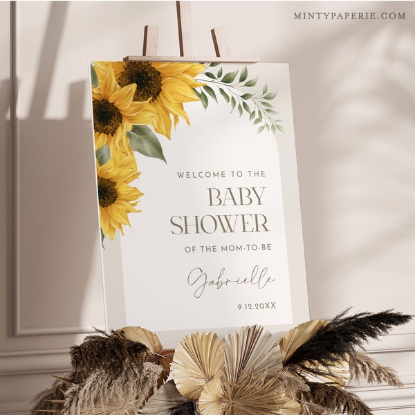 Sunflower Baby Shower Welcome Sign, Summer Baby Poster, Gender Neutral, Editable Template, Instant, Templett, 18x24, 24x36 #047-331LS