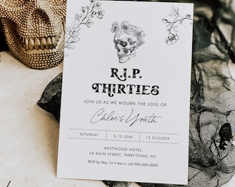 40th Birthday Party Invitation, RIP Thirties, Death to 30s, Skull, Gothic, Editable Template, Instant Download, Digital #0045-138BD