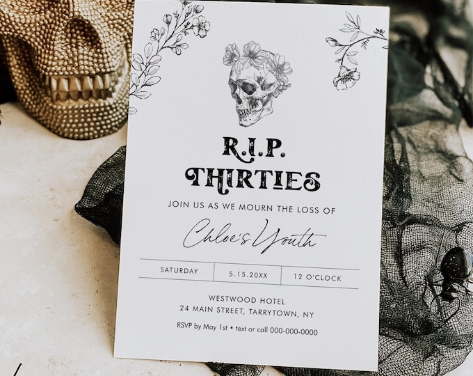 40th Birthday Party Invitation, RIP Thirties, Death to 30s, Skull, Gothic, Editable Template, Instant Download, Digital #0045-138BD