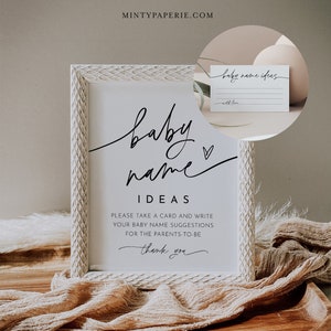 Idéias para nomes de bebês, sugestões de nomes de bebês, placas e ingressos, chá de bebê minimalista para impressão, gênero neutro, modelo editável #0032-34BAG