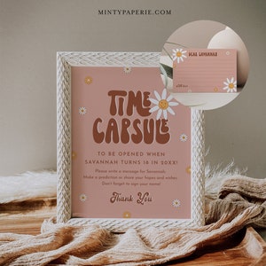Groovy Baby Time Capsule Sign, Baby Shower retro, Tarjeta de deseos de bebé, Plantilla editable, Imprimible, Descarga instantánea, Templett #051-25BAG