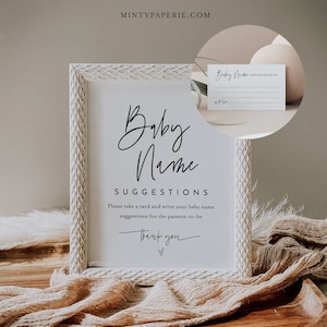 Babynaamideeën, babynaamsuggesties, teken en ticket, afdrukbare minimalistische babyshower, genderneutraal, bewerkbare sjabloon #0009-397BASG