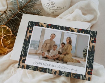 Photo Holiday Card Template, Modern Reindeer Christmas Card, Greenery, Editable, Add Your Photo, Instant Download, Templett, 5x7 Horz #143HP