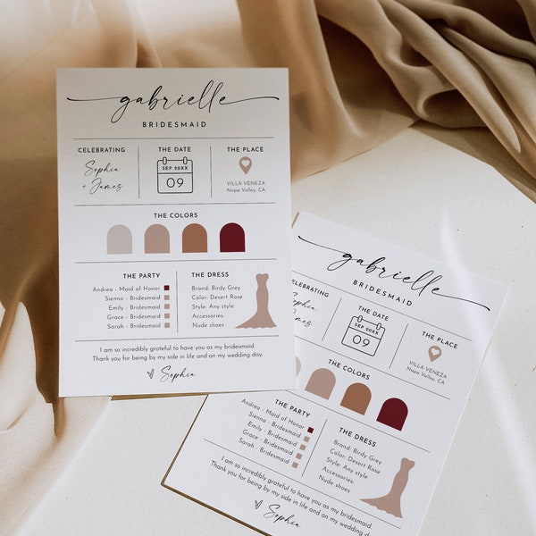 Bridesmaid Info Card Template, Bridal Party Info Card, Bridesmaid Information Card, Modern Minimalist Bridesmaid Infographic #0034W-106BIC