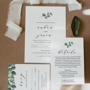Eucalyptus Wedding Invitation Set, Greenery, Printable Invite, RSVP, Details, Instant Download, 100% Editable Template, DIY, Templett 036A image 1