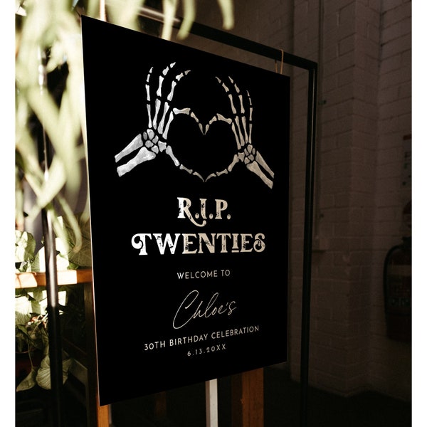 30th Birthday Party Welcome Sign, RIP Twenties, Skeleton, Gothic, Editable Template, Instant Download, Templett, 18x24, 24x36 #0045-349LS