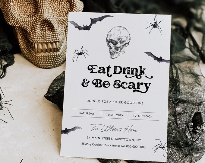 Halloween Party Invitation Template, Skeleton, Skull, Bats, Eat Drink & Be Scary, Instant Download, Editable Text, Templett #0045-102HWP