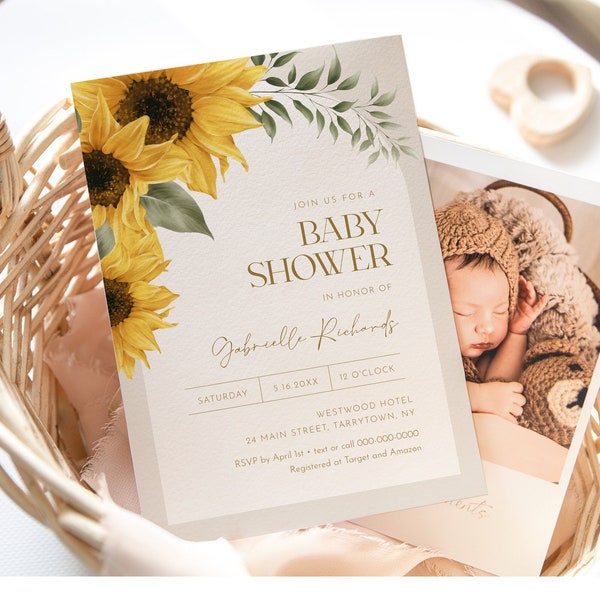 Sunflower Baby Shower Invitation, Summer Sunflower Baby Shower Invite, Boho Fall, Editable Template, Instant, Templett #047-211BA