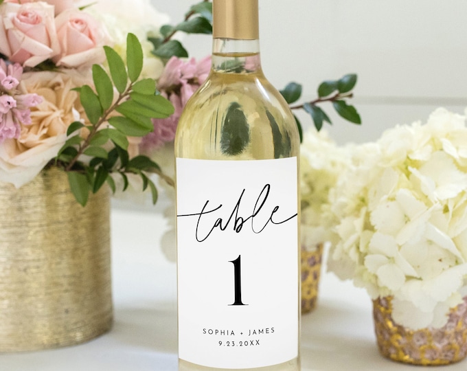 Wine Label Table Number, Printable Wedding Table Number for Wine Bottles, Minimal, Instant Download, Editable Template, Templett 0032-102WTC