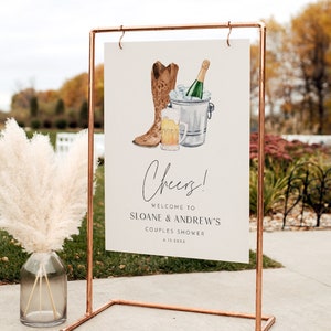 Stiefel, Gebräue, sprudelndes Willkommensschild, Paardusche, westliche Brautdusche, Bier, Champagner, bearbeitbare Vorlage, 18x24, 24x36 #0026F-351LS