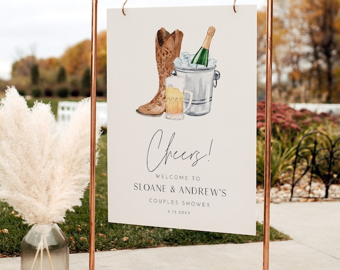 Boots, Brews, Bubbly Welcome Sign, Couples Shower, Western Bridal Shower, Beer, Champagne, Editable Template, 18x24, 24x36 #0026D-351LS