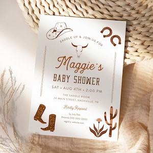 Western Baby Shower Invitation, Rodeo Baby Shower, Southwest Ranch, Cowboy, Gender Neutral, Editable Template, Instant, Templett #0040-243BA