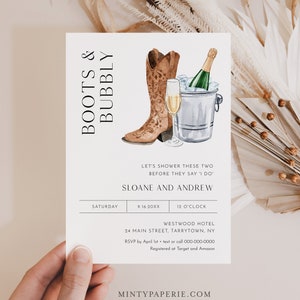 Boots and Bubbly Invitation, Couple Shower Invite, Western Bridal Shower, Bubbles, Champagne, Edit & Print Today, Templett, 5x7 #0026F-317BS