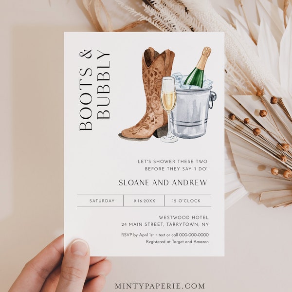 Boots and Bubbly Invitation, Couple Shower Invite, Western Bridal Shower, Bubbles, Champagne, Edit & Print Today, Templett, 5x7 #0026D-317BS