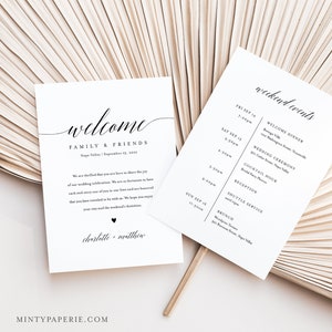 Lettre de bienvenue et itinéraire, calendrier des événements de mariage, ordre du jour, note de sac de bienvenue imprimable, 100 % modifiable, téléchargement immédiat #034-107WB