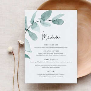 Szablon menu weselnego z eukaliptusa, NATYCHMIASTOWE POBIERANIE, 100% edytowalny, karta menu kolacji do druku, zieleń weselna, szablon, zrób to sam #049-126WM