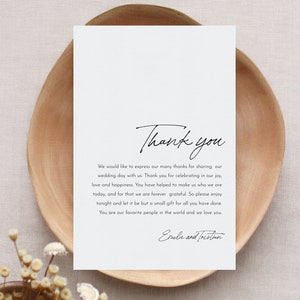 Carta de agradecimiento minimalista, nota de servilleta moderna, menú imprimible gracias, plantilla editable, descarga instantánea, Templett 4x6 #0024-167TYN