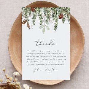 Carta de agradecimiento navideña, boda de pino de invierno, imprimible en lugar de tarjeta de favores, plantilla editable, descarga instantánea, Templett #0017-160TYN
