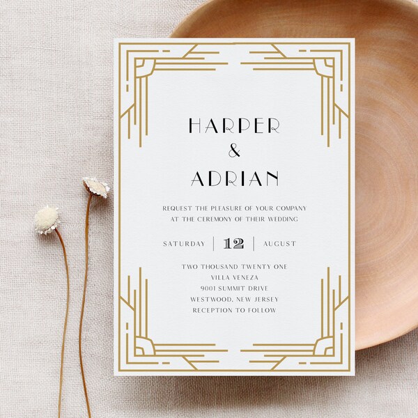 Art-Deco-Hochzeitseinladung, druckbare Retro-Hochzeit einladen, bearbeitbare bearbeitbare Vorlage, Sofort Download, Templett #0021B