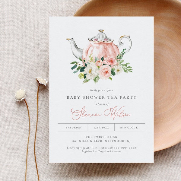 Tea Party Baby Shower Invitation Template, 100% Editable Text, Printable Teapot Baby Shower Invite, Templett, Instant Download #085C-237BA