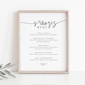 May include: A printable s'mores menu with a handwritten font. The menu lists different s'mores variations with ingredients like graham crackers, milk chocolate, caramel squares, peanut butter cups, and peppermint patties.