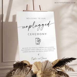 Signo de boda de ceremonia desconectada, signo de bienvenida minimalista, sin cámara de teléfono, plantilla editable, instantánea, Templett, 8x10, 18x24 #0034W-12S