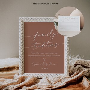 Placa e cartão de tradições familiares, chá de bebê Boho, compartilhe uma memória, memória de infância, modelo editável, instantâneo, Templett #0034T-46S