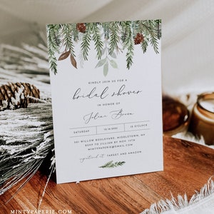 Winter Bridal Shower Invitation Template, Printable Pine Wedding Shower Invite, Holiday, Editable, Instant Download, Templett #0017-290BS