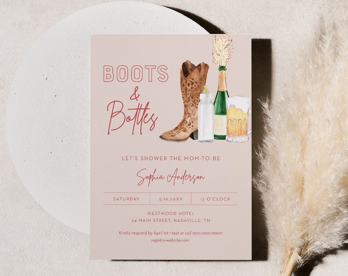 Boots and Bottles Invitation, Baby Shower Invite, Western Baby Shower, Bubbles, Brews, Modern Poppin Bottles, Templett, 5x7 #055-241BA