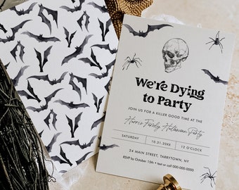 Halloween Party Invitation Template, Skeleton, Skull, Bats, We're Dying to Party, Instant Download, Editable Text, Templett #0045-101HWP