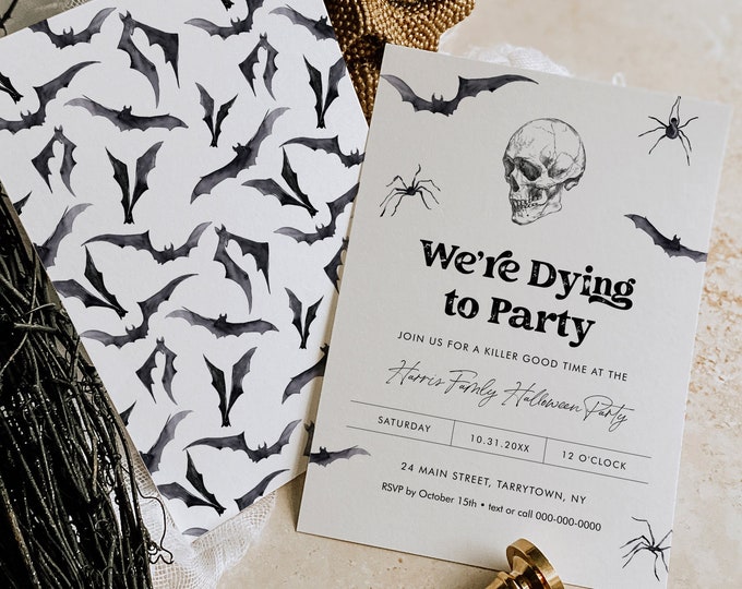 Halloween Party Invitation Template, Skeleton, Skull, Bats, We're Dying to Party, Instant Download, Editable Text, Templett #0045-101HWP