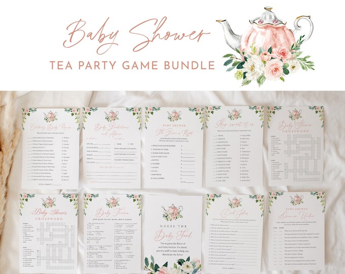 Baby Shower Game Bundle, 20 Tea Party Shower Games, Editable Template, Personalize Question, Instant Download, Printable, Templett 085C-BBGB