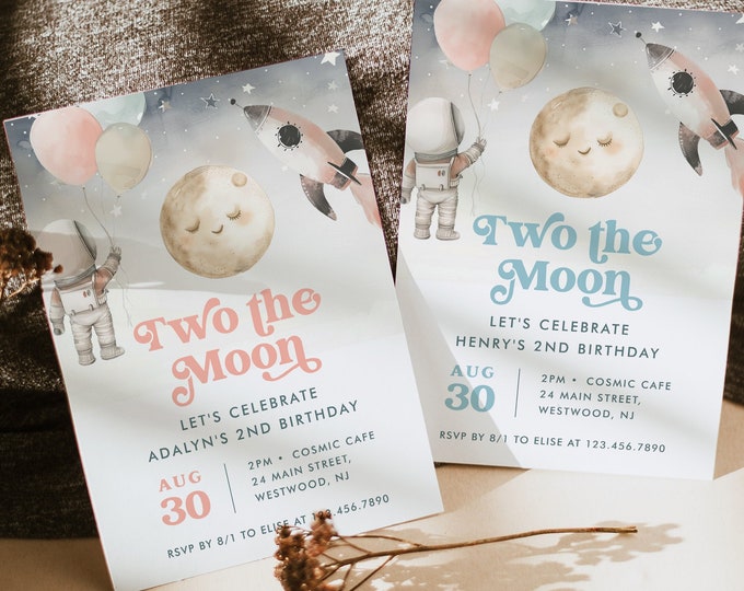 Space Birthday Party Invitation, 2nd Birthday, Two the Moon, Rocket, Astronaut, Editable Template, Instant Download, Templett #0052B-142BD