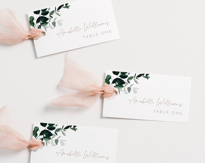 Greenery Wedding Place Card Template, Printable Watercolor Escort Card, Editable Seating Card, Templett, Flat and Tent Card #033-216PC