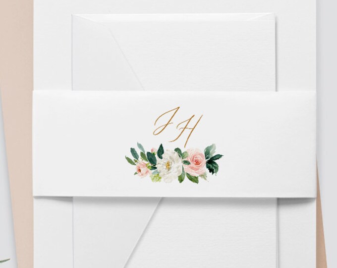 Wedding Belly Band Template, Instant Download, Monogram Watercolor Boho Floral, 100% Editable Text, Wedding Invitation Wrap, DIY  #043-105BB