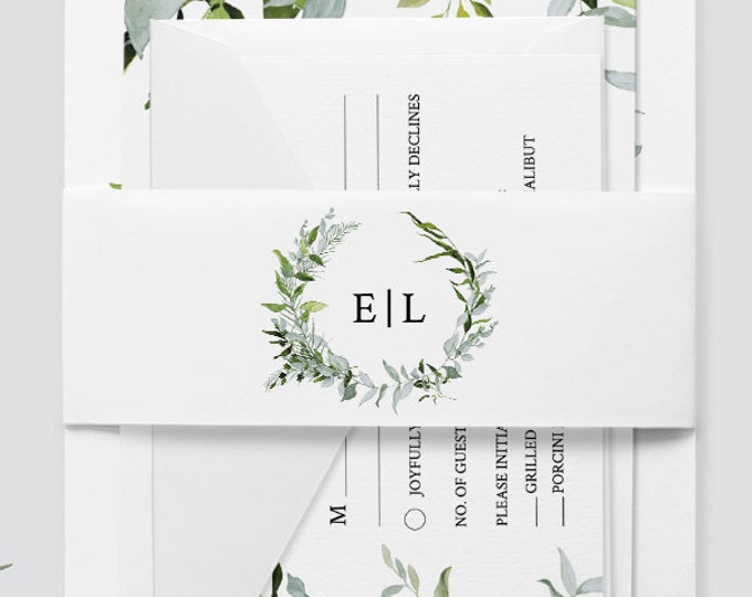 Belly Band Template, Instant Download, Wedding Monogram Belly Band, Greenery Wreath, 100% Editable, Invitation Wrapper, DIY  #016-101BB