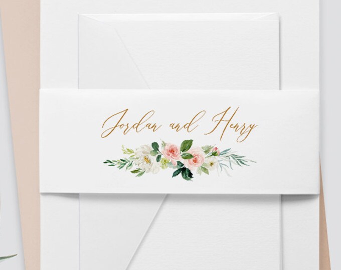 Belly Band Printable, Instant Download, Watercolor Floral, Boho Wedding 100% Editable Template, Wedding Invitation Wrap, DIY  #043-107BB