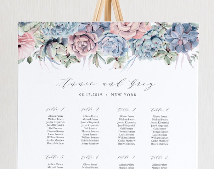 Succulent Seating Chart Template, Printable Wedding Seating Sign, Instant Download, 100% Editable, US & UK Poster Sizes, Templett #041-217SC