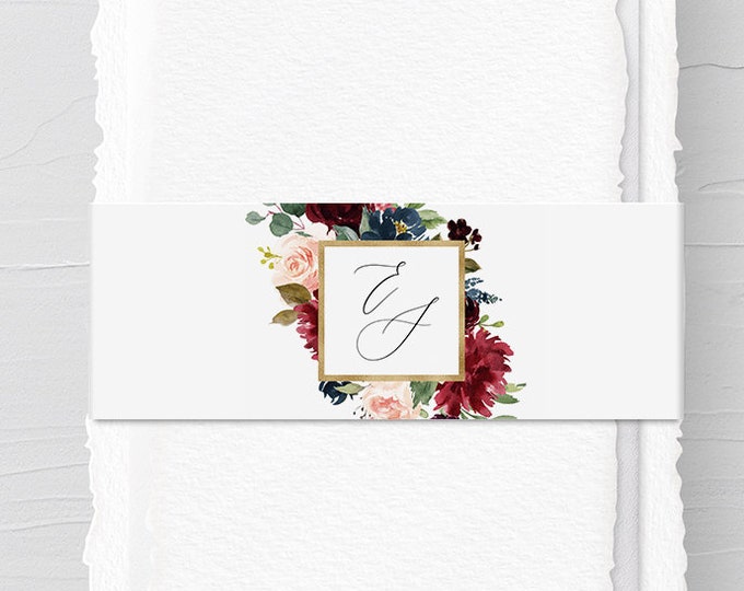 Belly Band Template, Instant Download, Printable Boho Floral Monogram Belly Band, 100% Editable Text, Wedding Invitation Wrapper #062-111BB